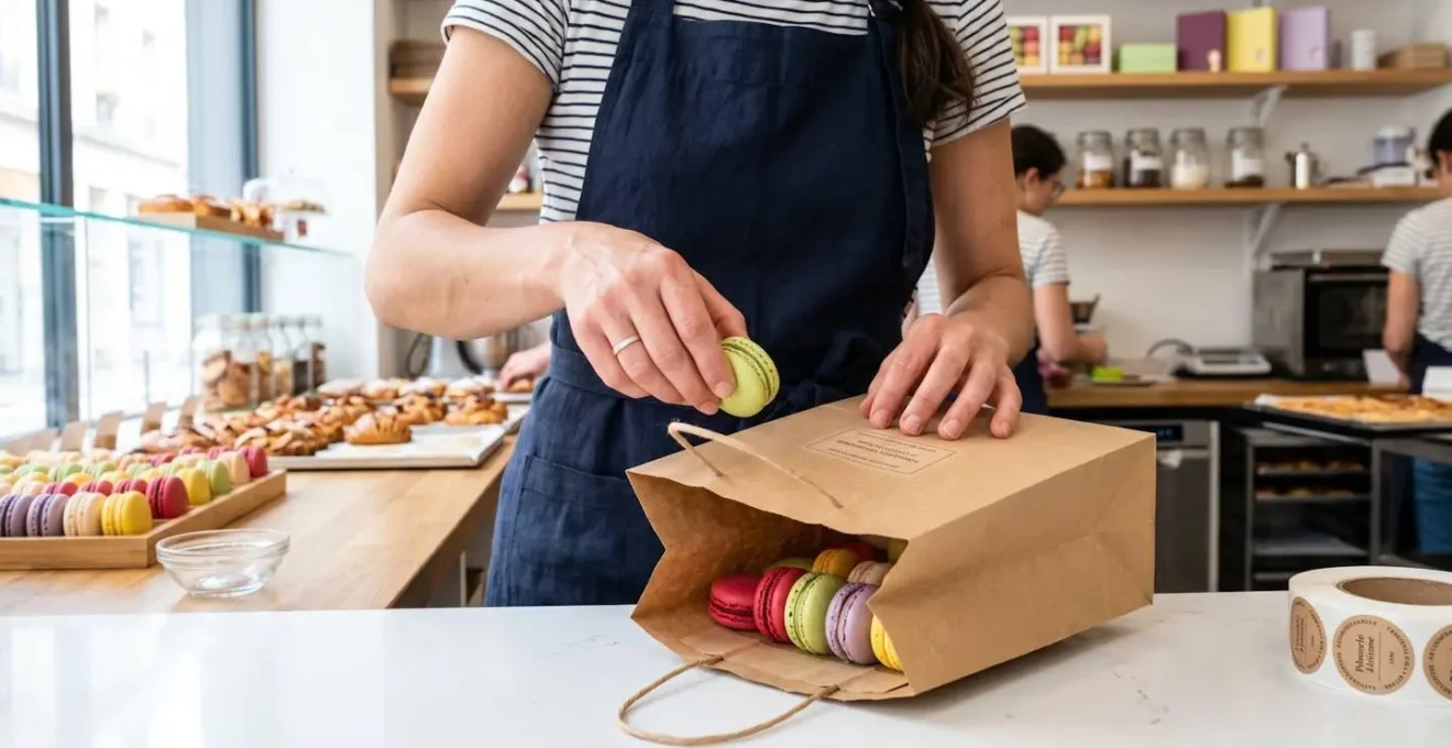 Mains d'un pâtissier professionnel plaçant délicatement des macarons colorés dans un sac en papier kraft sur un plan de travail moderne