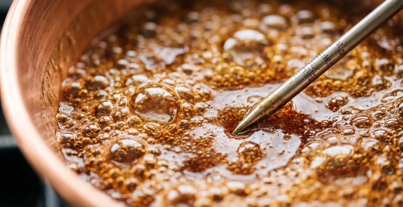 Gros plan d'un thermomètre de précision plongé dans du sirop de sucre bouillonnant en cuisson, avec des bulles dorées et une casserole en cuivre