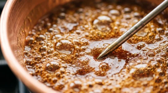 Gros plan d'un thermomètre de précision plongé dans du sirop de sucre bouillonnant en cuisson, avec des bulles dorées et une casserole en cuivre