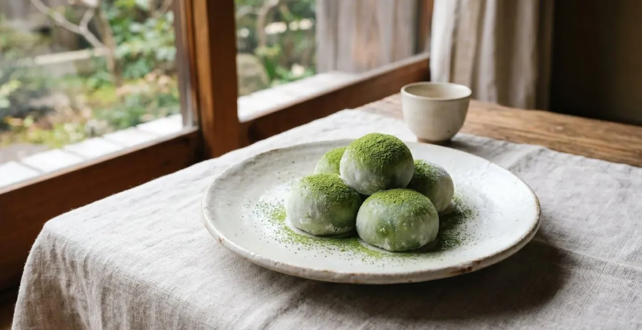 Mochis glacés au thé matcha avec pâte de riz translucide et élastique présentés sur fond minimaliste