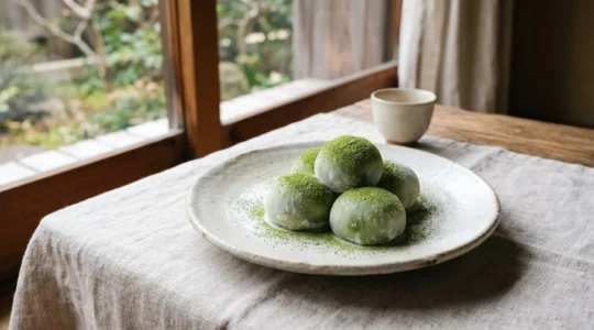 Mochis glacés au thé matcha avec pâte de riz translucide et élastique présentés sur fond minimaliste
