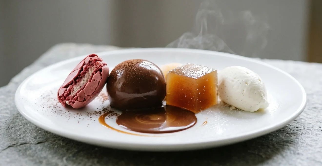 Composition gastronomique de dessert en assiette avec progression de textures et contraste de températures