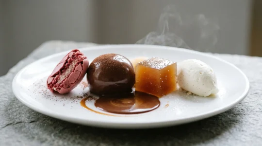 Composition gastronomique de dessert en assiette avec progression de textures et contraste de températures