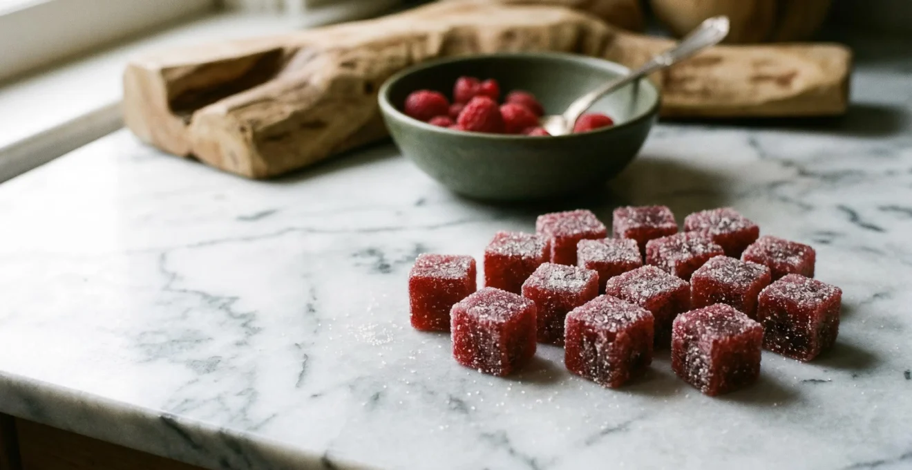 Pâtes de fruits à la framboise parfaitement découpées avec une texture ferme et brillante