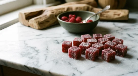 Pâtes de fruits à la framboise parfaitement découpées avec une texture ferme et brillante