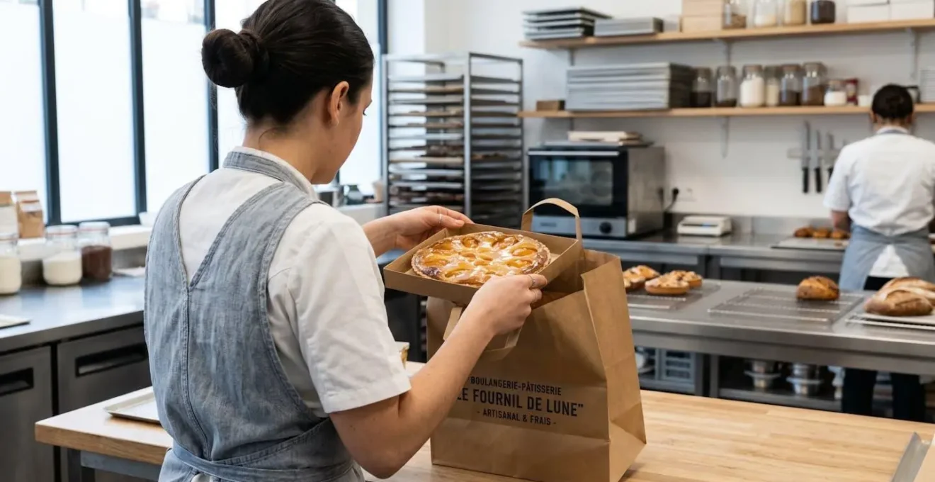 Un pâtissier vu de dos dépose délicatement une tarte dans un grand sac en papier kraft brun dans un atelier de pâtisserie moderne