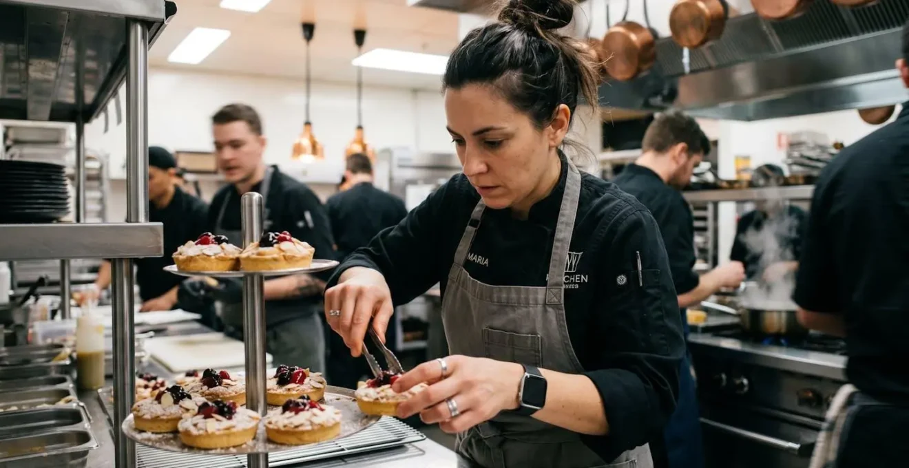 Une pâtissière en tenue professionnelle arrange délicatement des pâtisseries dans différents emballages sur un comptoir de laboratoire lumineux