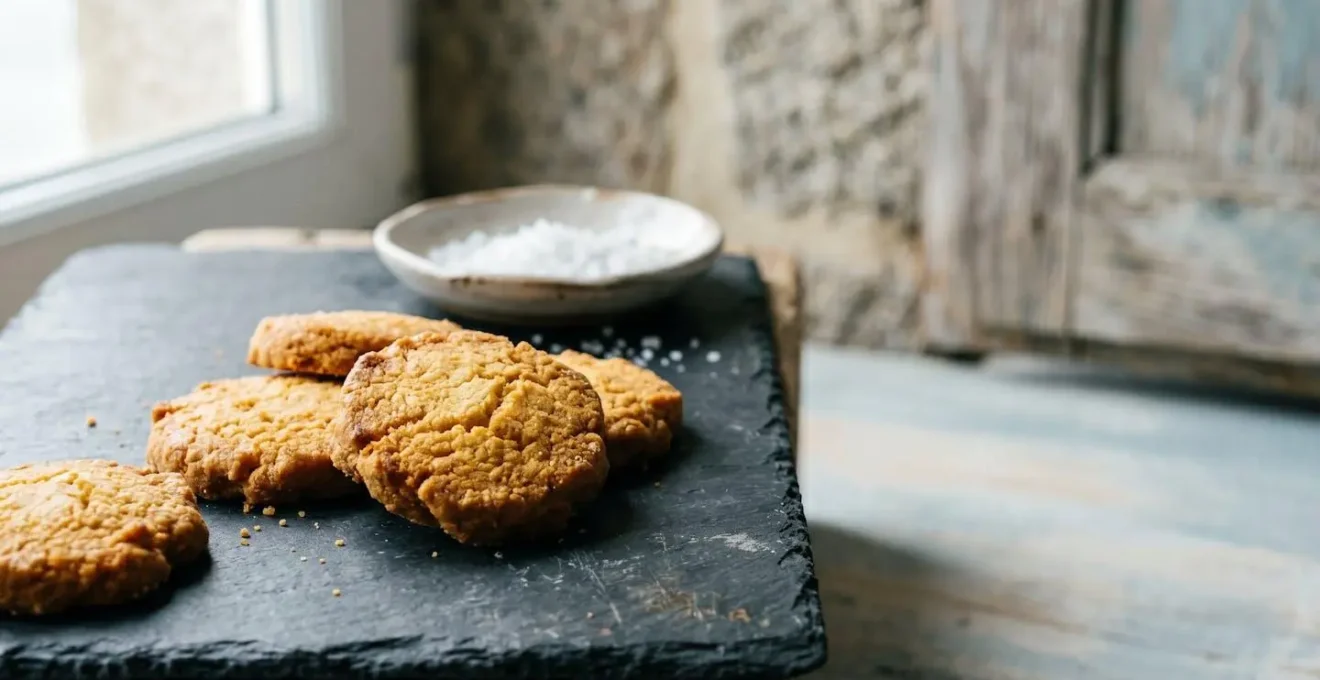 Sablé breton doré et croustillant présenté sur une surface rustique avec du beurre demi-sel artisanal