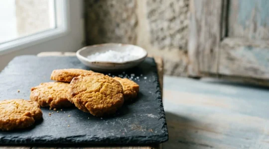 Sablé breton doré et croustillant présenté sur une surface rustique avec du beurre demi-sel artisanal
