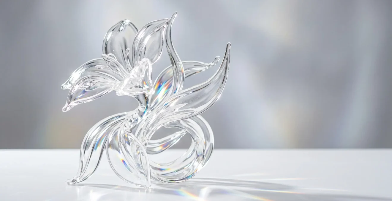 Sculpture artistique en isomalt translucide et brillante capturant la lumière avec des reflets cristallins