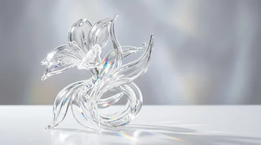 Sculpture artistique en isomalt translucide et brillante capturant la lumière avec des reflets cristallins