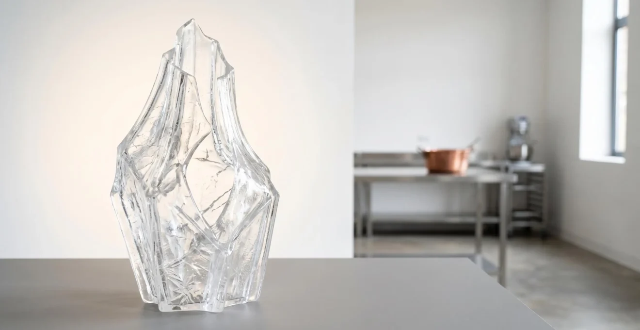 Sculpture monumentale en sucre transparent éclairée avec détails cristallins