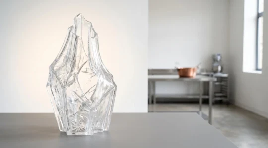 Sculpture monumentale en sucre transparent éclairée avec détails cristallins