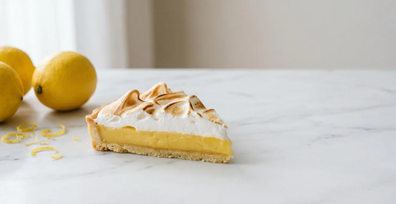 Tarte au citron meringuée vue en coupe montrant les couches de pâte sablée, crème citron et meringue