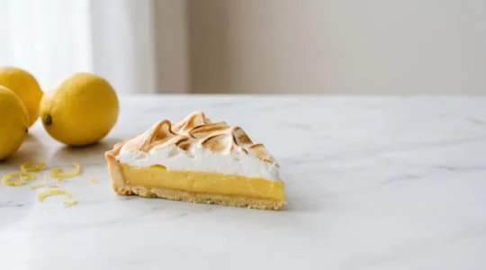 Tarte au citron meringuée vue en coupe montrant les couches de pâte sablée, crème citron et meringue