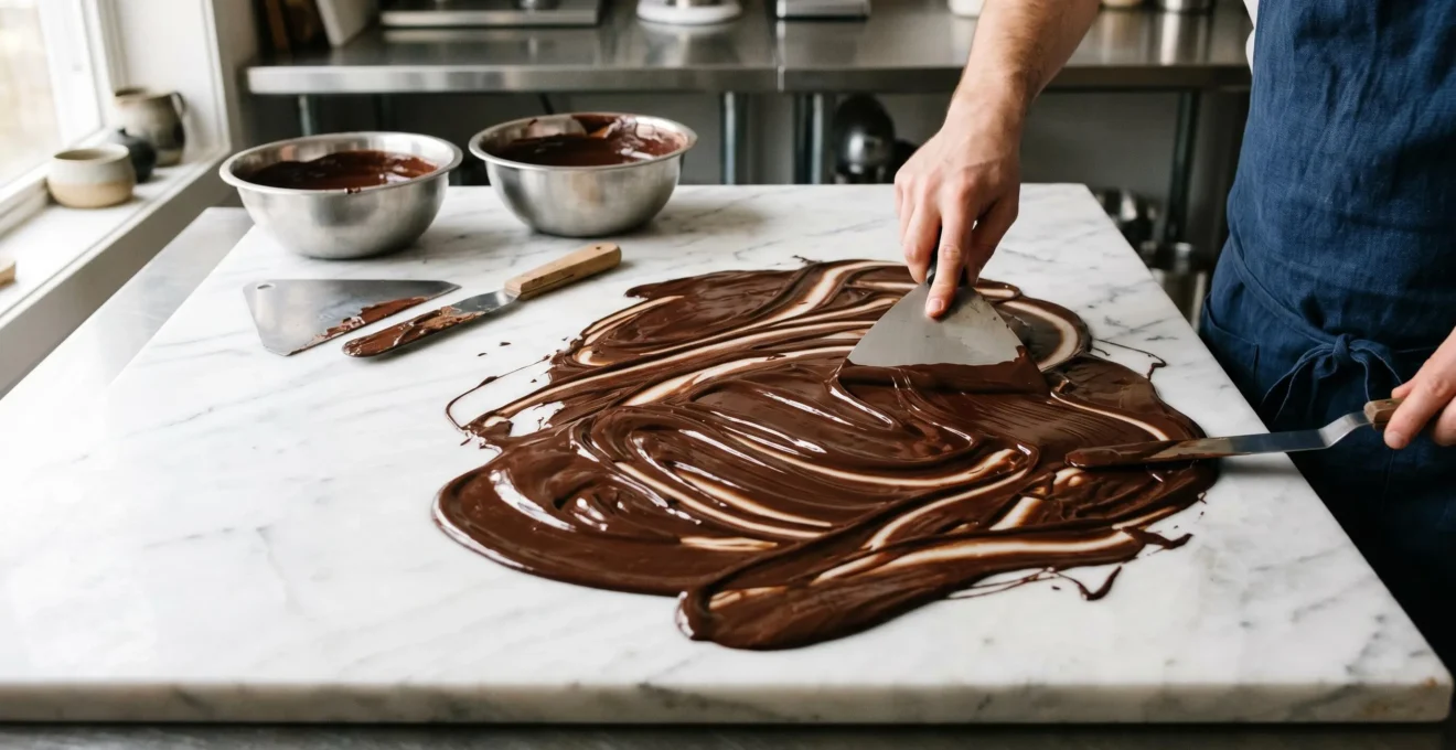 Tempérage artisanal du chocolat sur marbre avec spatule, illustrant la technique professionnelle sans thermomètre digital