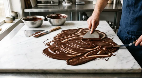 Tempérage artisanal du chocolat sur marbre avec spatule, illustrant la technique professionnelle sans thermomètre digital