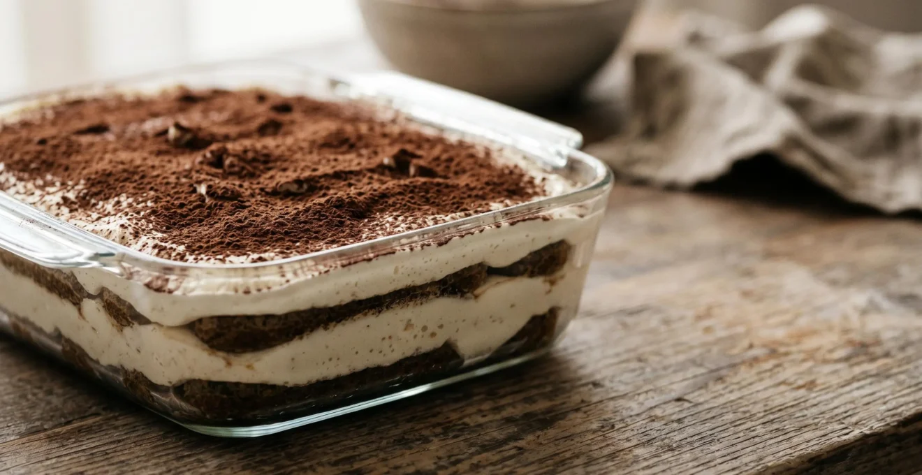 Tiramisu italien traditionnel au mascarpone et café avec couches parfaitement définies