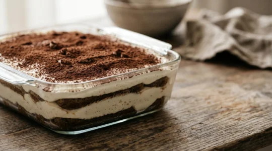 Tiramisu italien traditionnel au mascarpone et café avec couches parfaitement définies