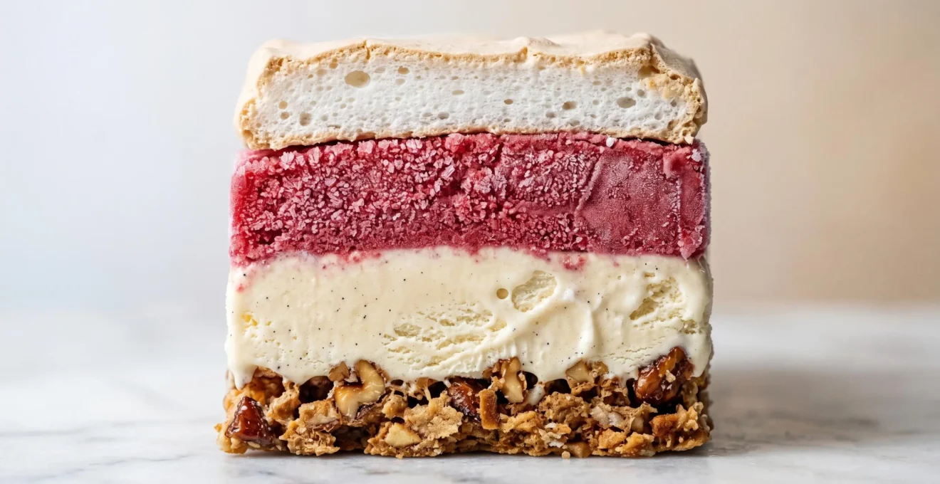 Vacherin glacé à quatre couches distinctes avec textures contrastées, tranché pour révéler sa structure interne parfaite