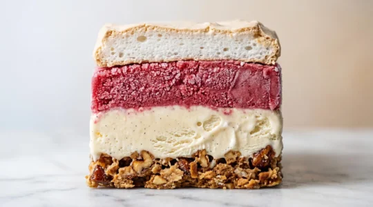 Vacherin glacé à quatre couches distinctes avec textures contrastées, tranché pour révéler sa structure interne parfaite