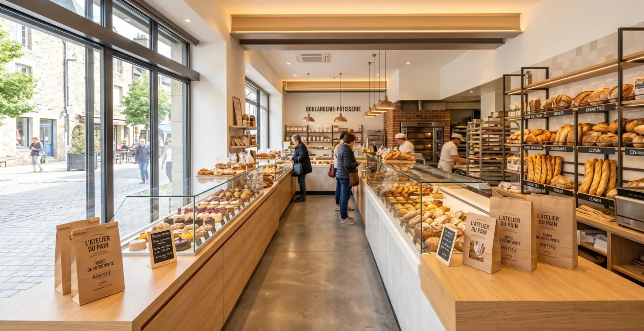 Devanture lumineuse d'une pâtisserie française contemporaine avec plusieurs sacs en papier kraft personnalisés posés sur le comptoir