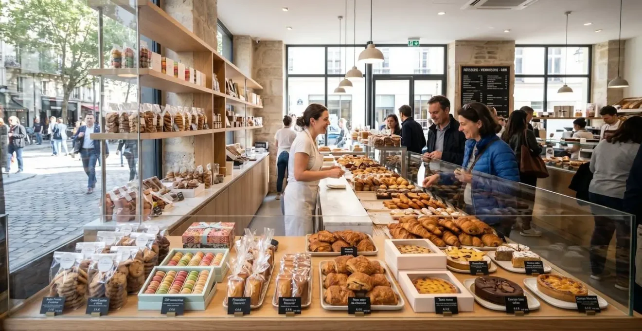Vue d'ensemble d'une vitrine de pâtisserie française contemporaine présentant des produits emballés dans différents contenants professionnels sous une lumière naturelle